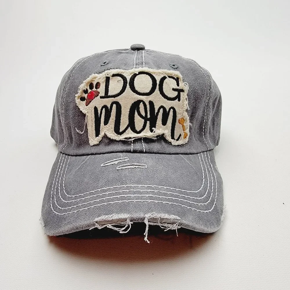 Dog Mom Distressed Relaxed Cotton Buckle Strap Full Cover Baseball Hat Cap Gray